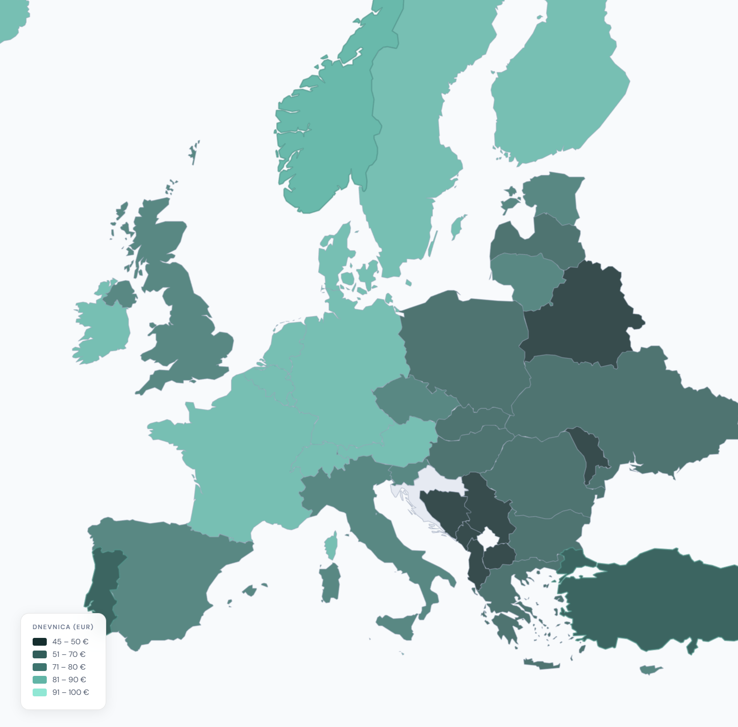 Karta Europe s iznosima dnevnica po državama