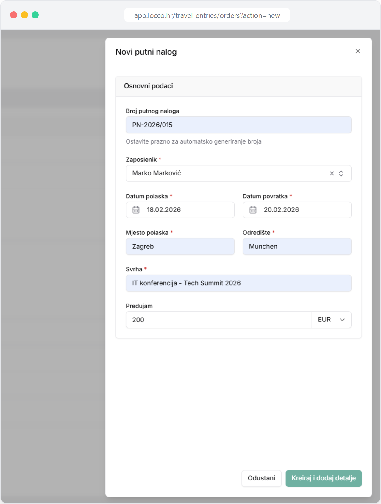 Obrazac za novi putni nalog