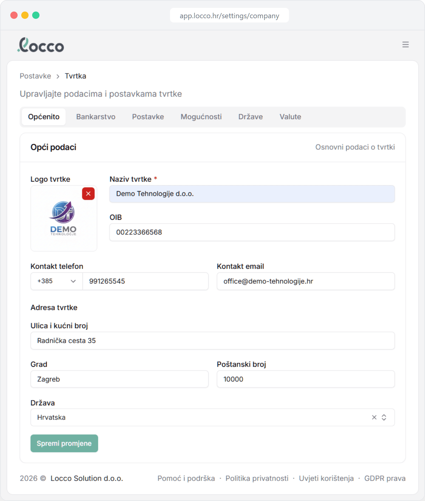 Postavke tvrtke u locco aplikaciji