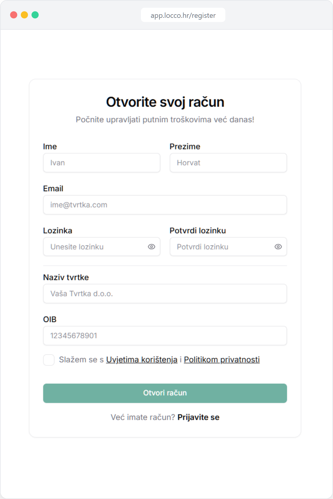 Registracijski obrazac na locco.hr