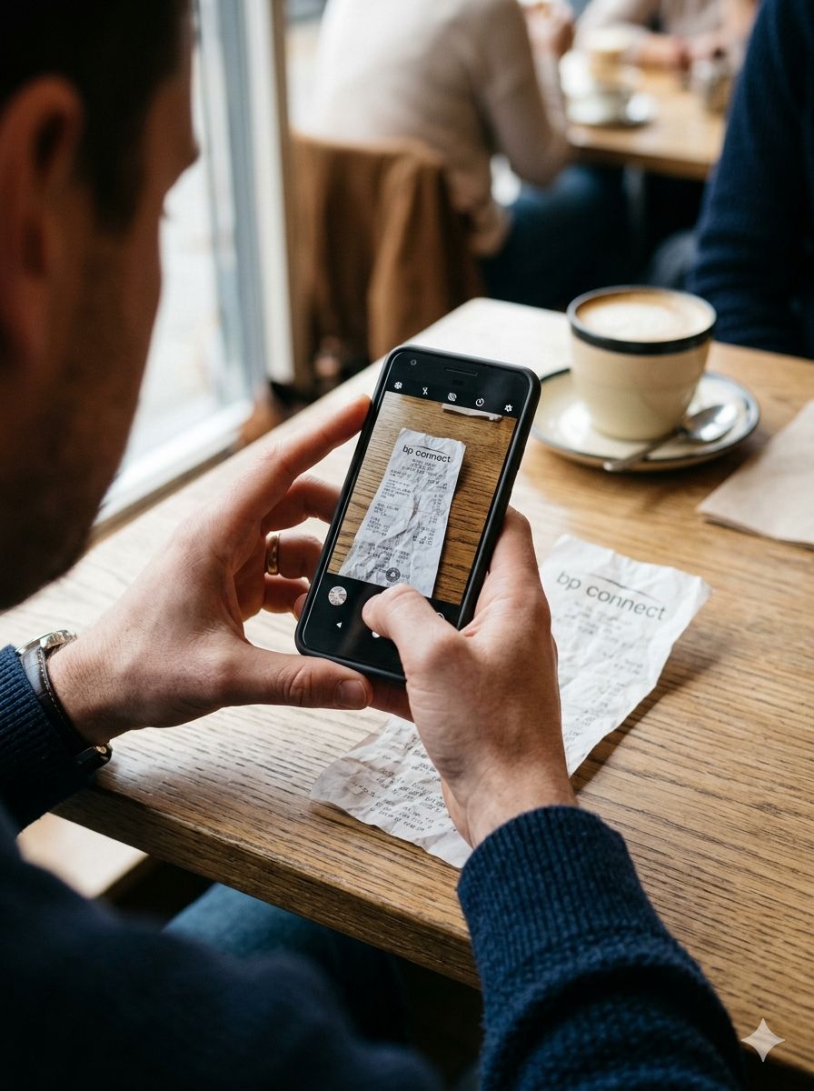 Zaposlenik fotografira račun mobilnim telefonom — OCR prepoznavanje u aplikaciji