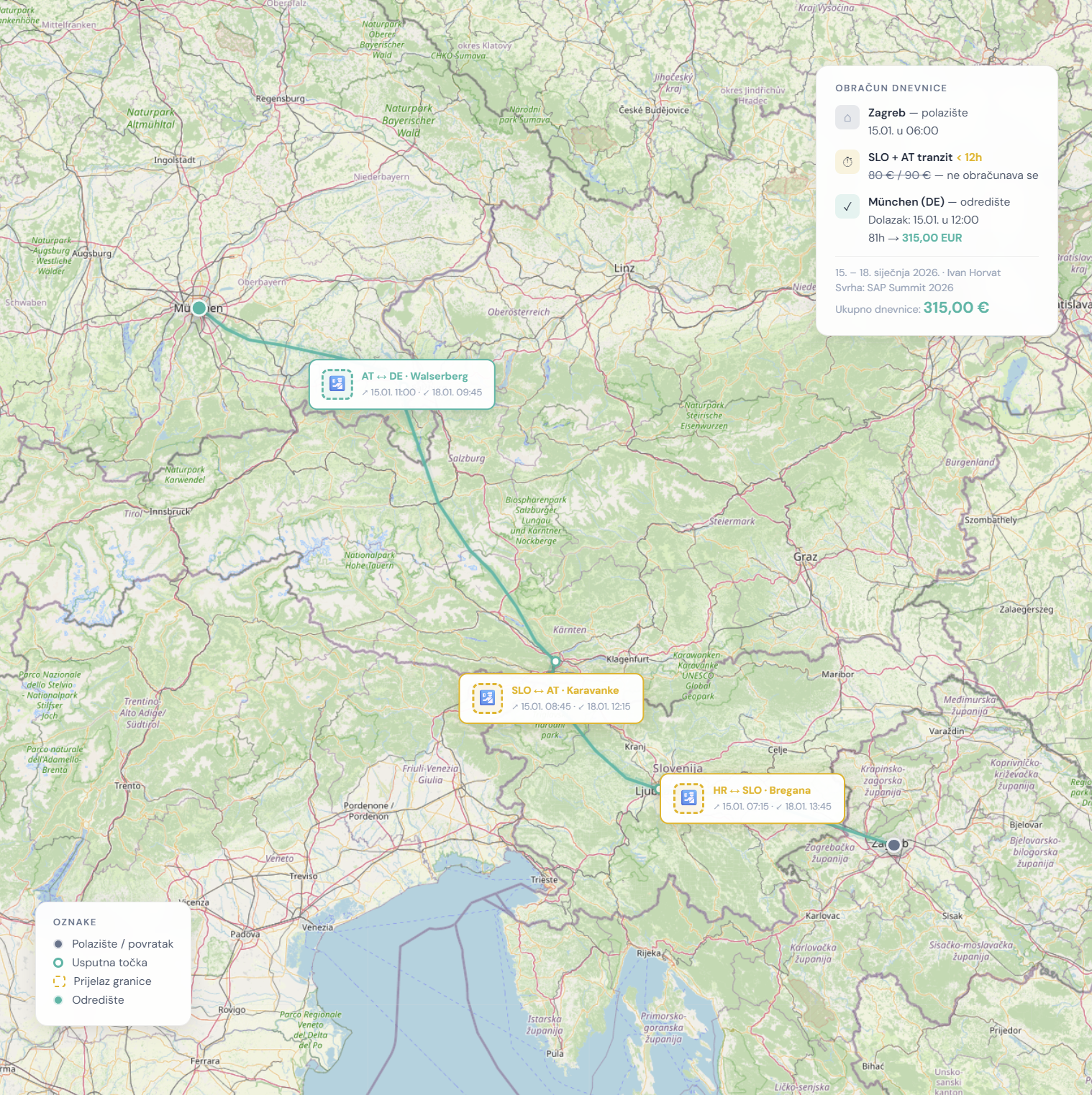 Karta s rutom Zagreb–Slovenija–München i oznakama za pravilo odredišta