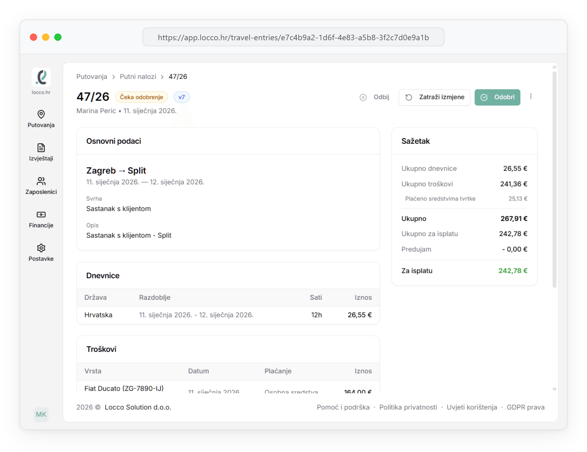 Odobrenje putnog naloga u loccu — gumbi Odobri, Odbij, Zatraži izmjene