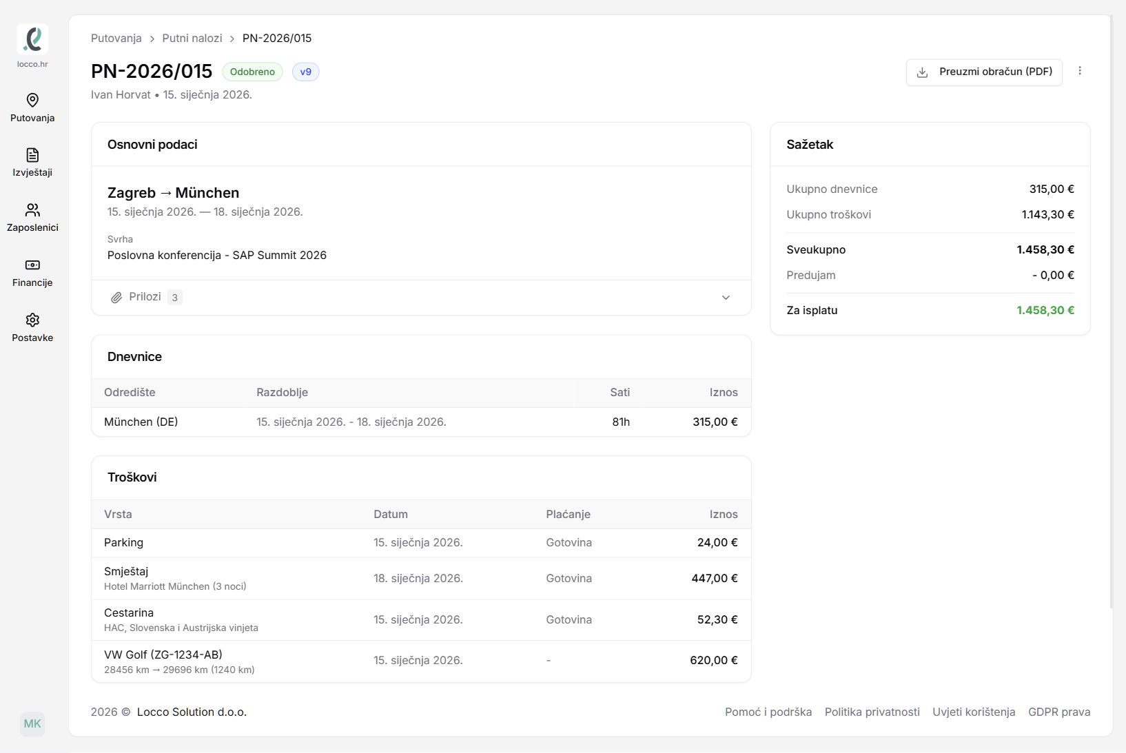 Locco app — travel entry detail